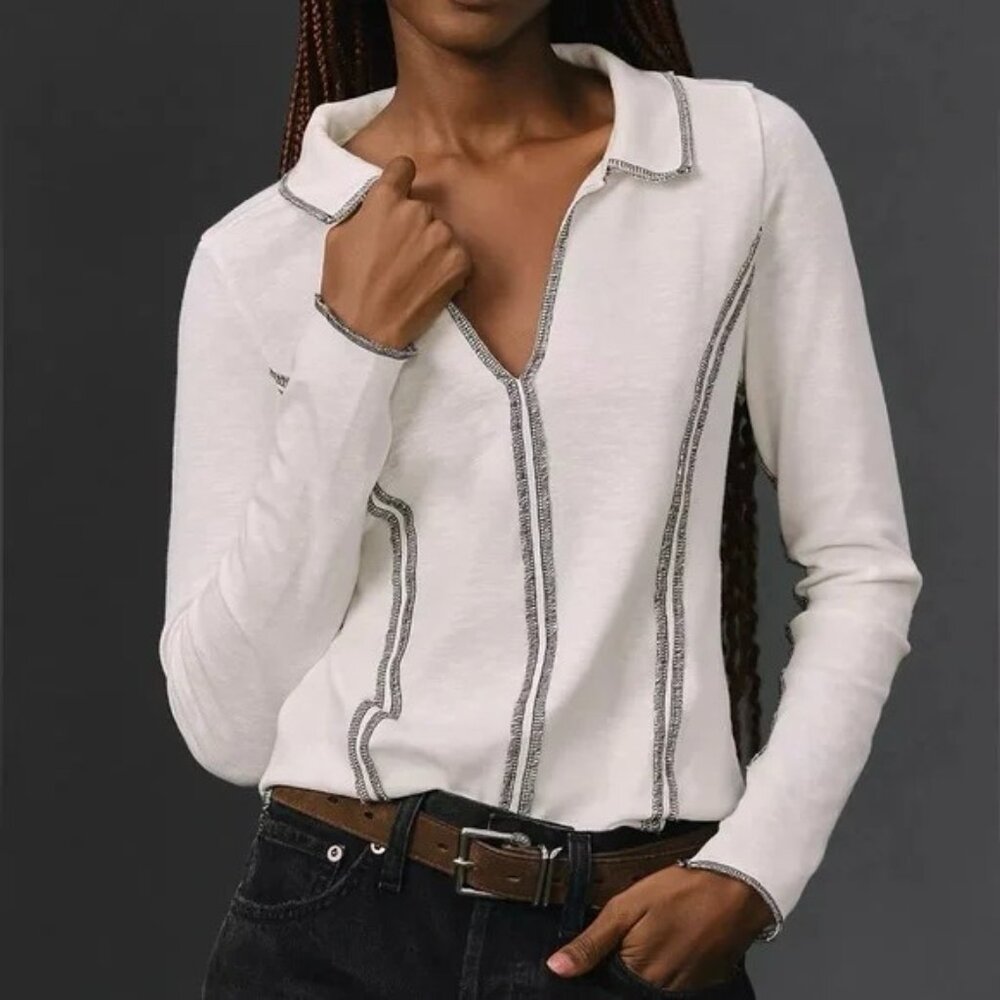 Pilcro Cream Long Sleeve Polo Top with Contrast Stitching
